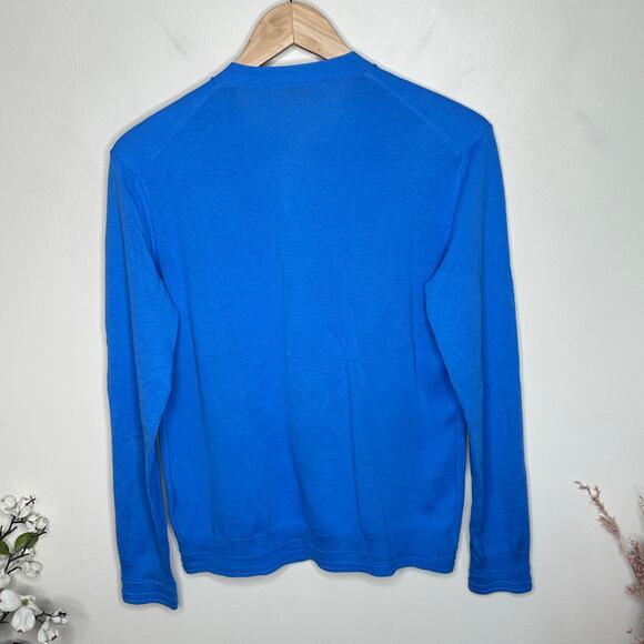 TORY BURCH Madison Cotton V-Neck Cardigan Sweater Blue Gold Logo Sz M {2C29} - Picture 3 of 6